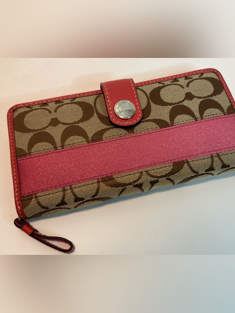 COACH ($229) Legacy Signature Zip-Around Wallet in Tan Canvas with Berry Accents